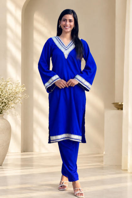 Shaenor royal blue Pakistani kurta set with silver-toned neckline