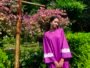 Women's purple Pakistani suit with white floral lace sleeves by Shaenor
