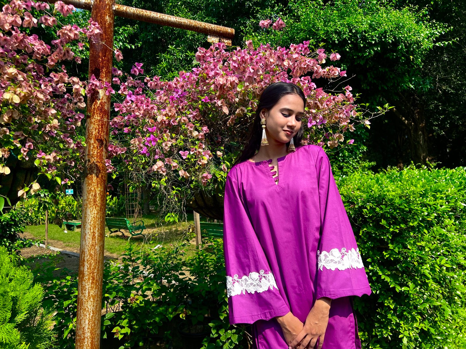 purple Pakistani suit with white floral lace Women's purple Pakistani suit with white floral lace sleeves by Shaenor