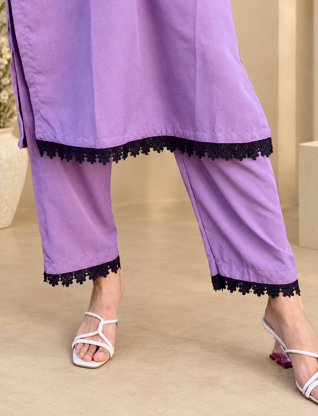Lavender Ensemble with White Strappy Sandals