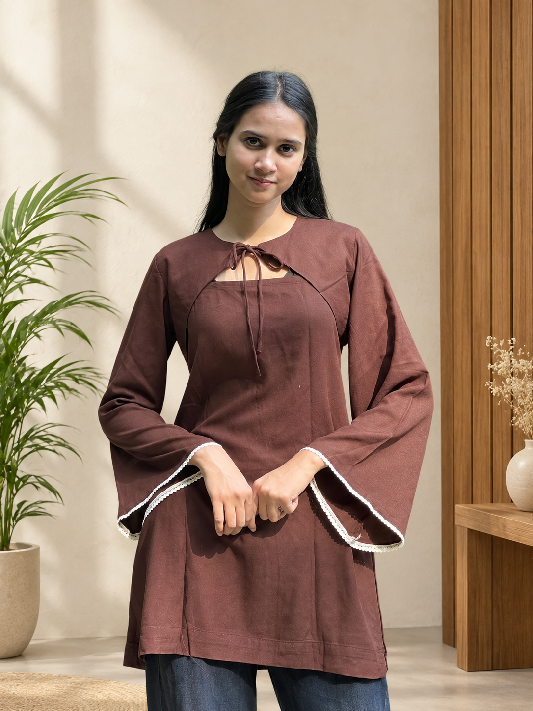 Woman wearing Shaenor brown bell sleeve tunic top with white lace trim