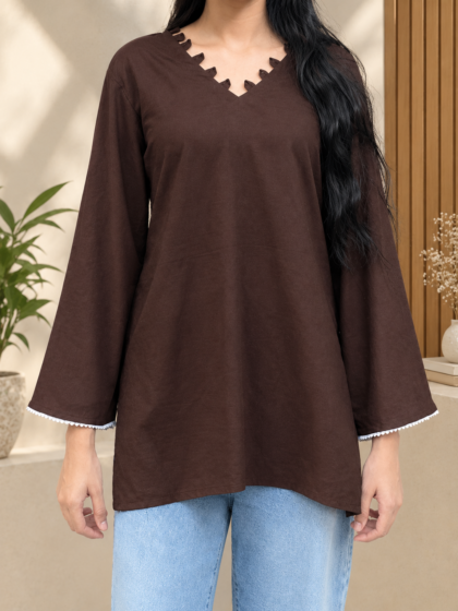 Brown V neck short kurti for women with flared sleeves and white lace trim