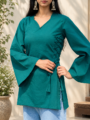 Teal green kurti for women with bell sleeves and side-tie detailing