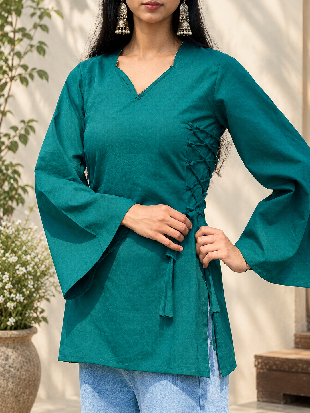 Teal green kurti for women with bell sleeves and side-tie detailing